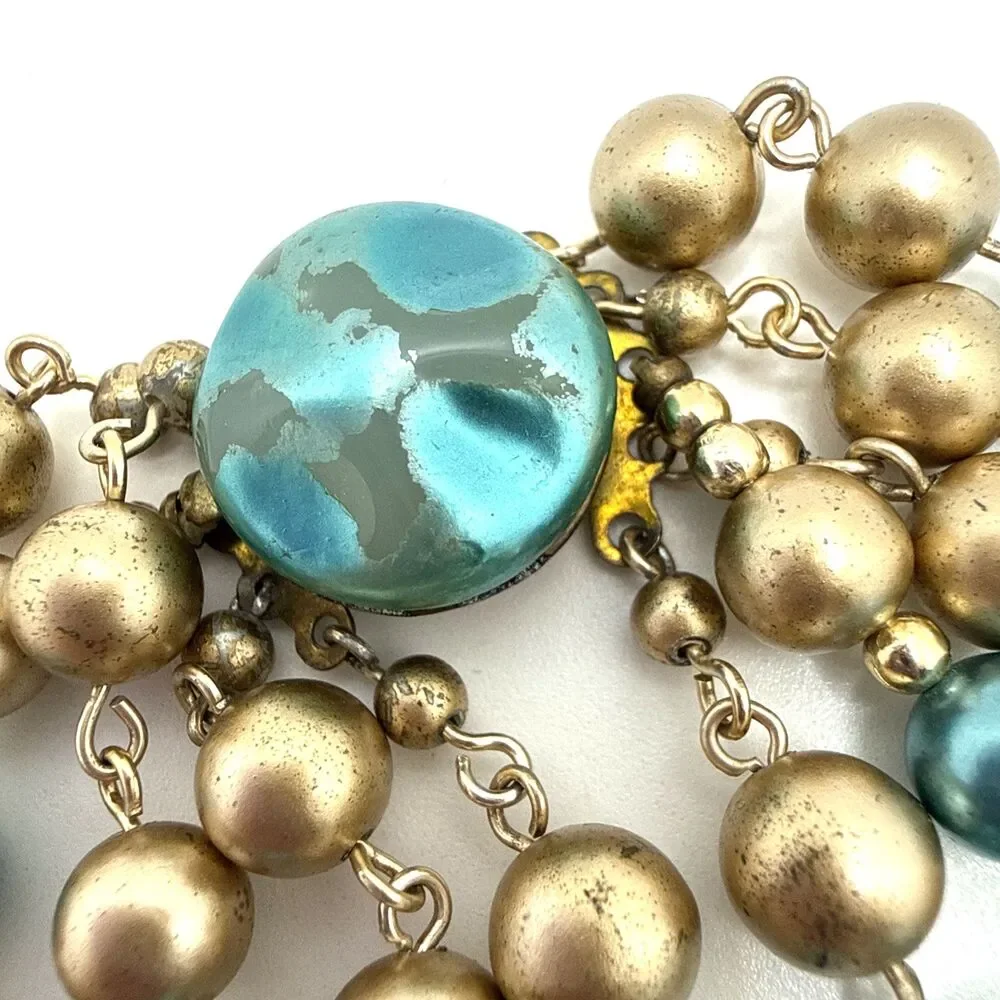 Vintage Japan Multi Strand Beaded Choker Necklace Blue Gold Mid Century 16